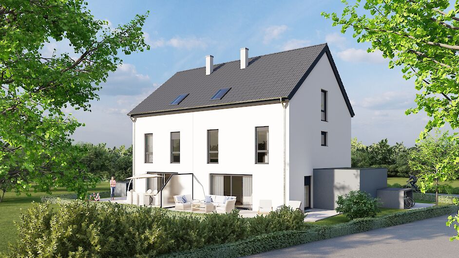 Massivhaus, Doppelhaus, Gartenansicht,