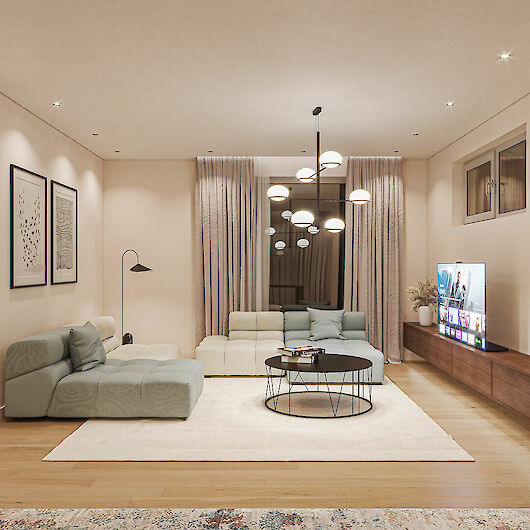 Wohnzimmer, TV-Möbel, Fernseher, Couchlandschaft, Fenster